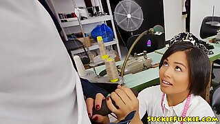 Asian seamstress anally plowed by black cock